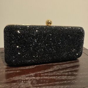 White House Black Market Glittering Black Clutch with Gold Clasp